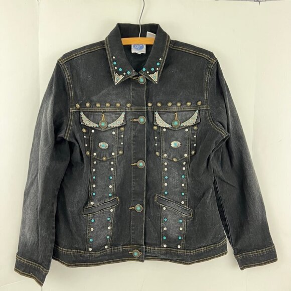 DG2 by Diane Gilman Black Western Stretch Jean Jacket Size M  Faux Turquoise - Picture 1 of 9